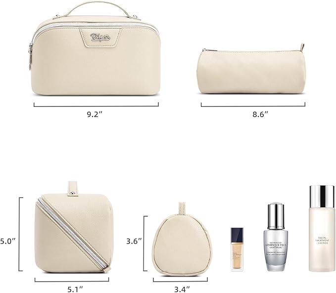 BOYATU Travel Makeup Bag Cosmetic Bags for Women: Large Capacity 3 Pcs Set Make up Bag with Compartments - Waterproof Vegan Leather Toiletry Organizer Bags with Handle (N-68Off-white)