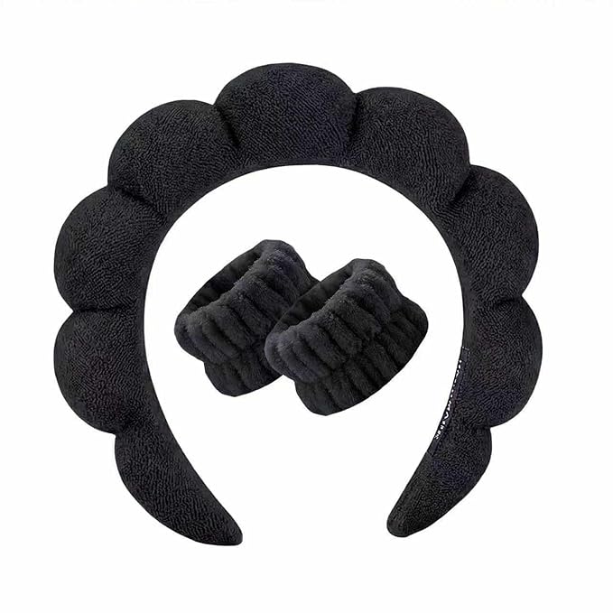 Spa Headband and Wristband Set for Women,Terry Cloth Sponge Headband for Washing Face,Makeup,Facial Mask and Skincare (Black, One Size)