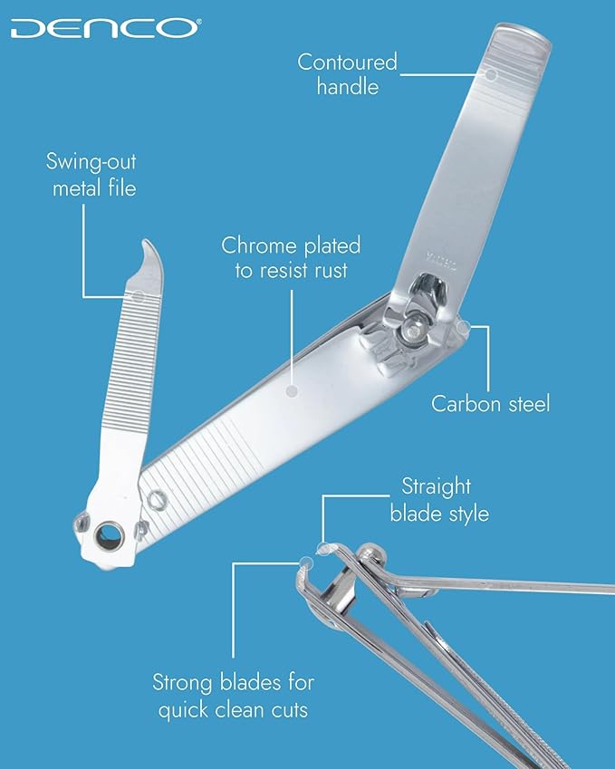 Denco Straight Cut Toenail Clipper – Precision Straight Edge Cutter for Thick & Regular Nails, Tool for Ingrown Toenails – Heavy Duty Stainless Steel Nail Clippers with Built-In File
