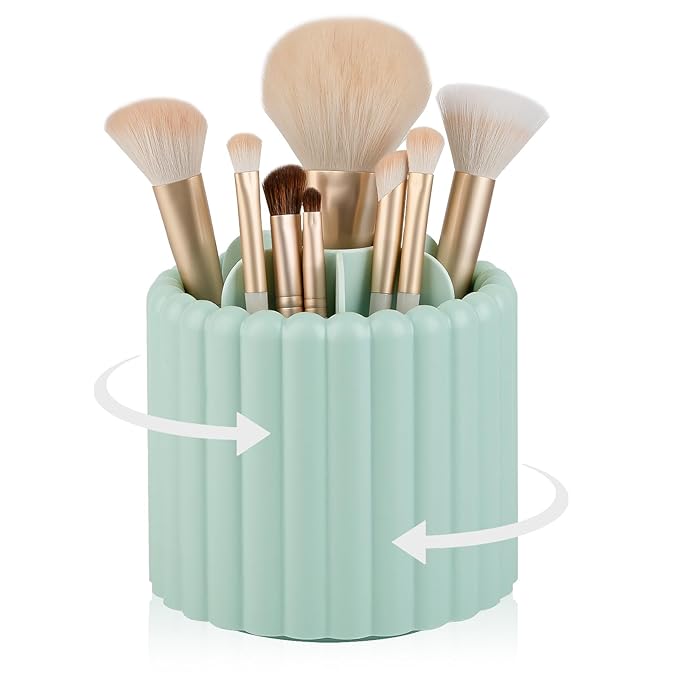 Anyoifax 360 Rotating Makeup Brush Holder 7 Slots Make Up Brush Organizer Removable Spinning Cosmetic Brushes Storage Pen Holder for Vanity, Dresser, Desk, Green