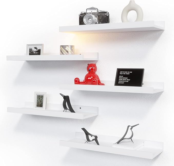 RICHER HOUSE 5 Set White Floating Shelves, Wall Mounted Shelves for Wall Decor, Modern Picture Ledge Shelf with Lip for Storage Nursery, Bedroom, Living Room, Bathroom - White