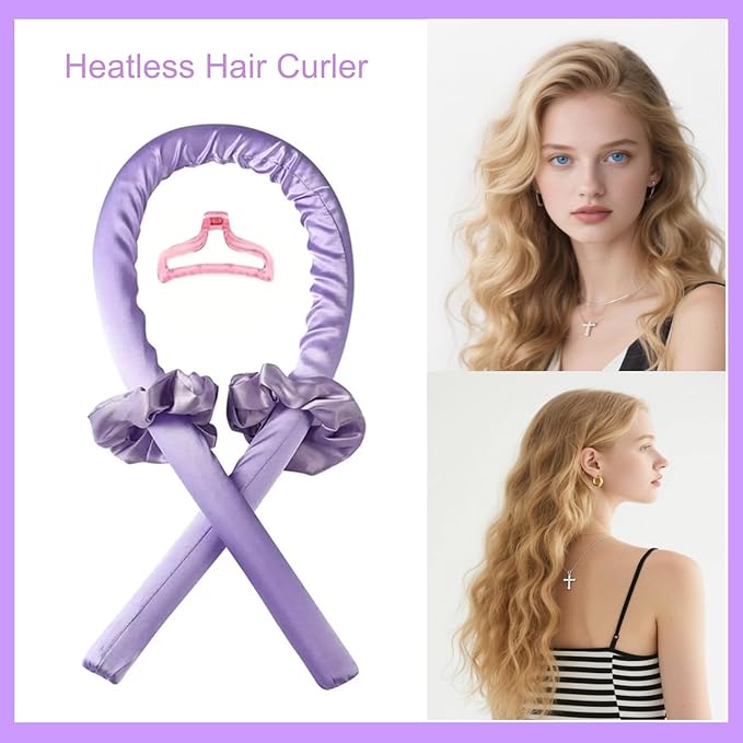 Heatless Curls Overnight Hair Curlers with Satin Pillowcase for Hair and Skin Queen Set, Sleeping Bonnet Eye Mask and Face Massager, 12pcs Hair Styling Tools Set for Sleeping(Purple)