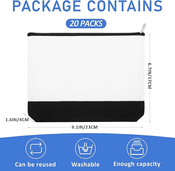Inbagi 20 Pieces Blank Cosmetic Bags Canvas 9 x 6.9 Inch Sublimation Makeup Bags Bulk with Zipper Blank DIY Toiletry Pouch Canvas Travel Bag for Travel Pen Pencil Storage