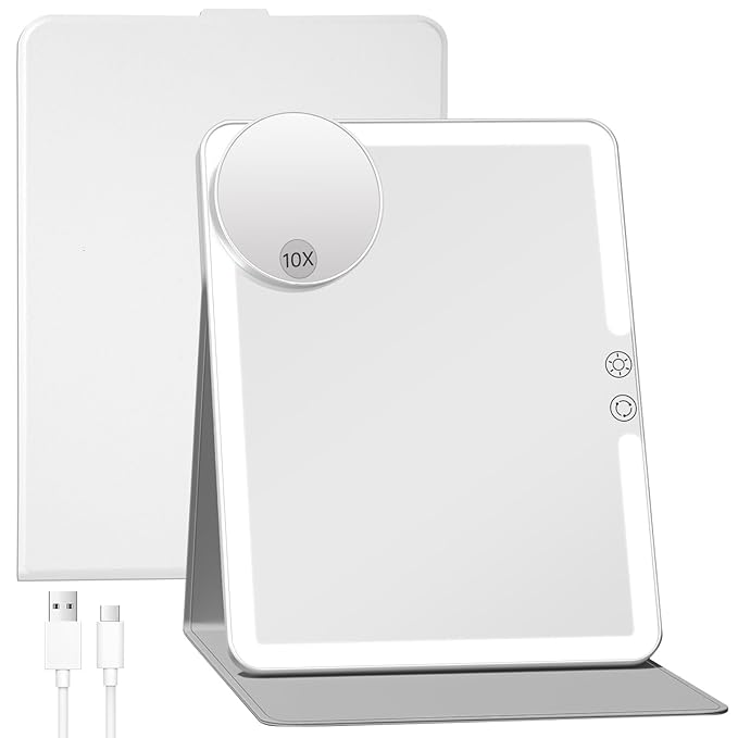 FUNTOUCH 2500mAh Large Rechargeable Travel Makeup Mirror with Light, Portable Makeup Mirror with 10X Magnifying Mirror, 3 Lighting Modes, Tabletop Folding Travel Mirror with PU Leather Cover (White)