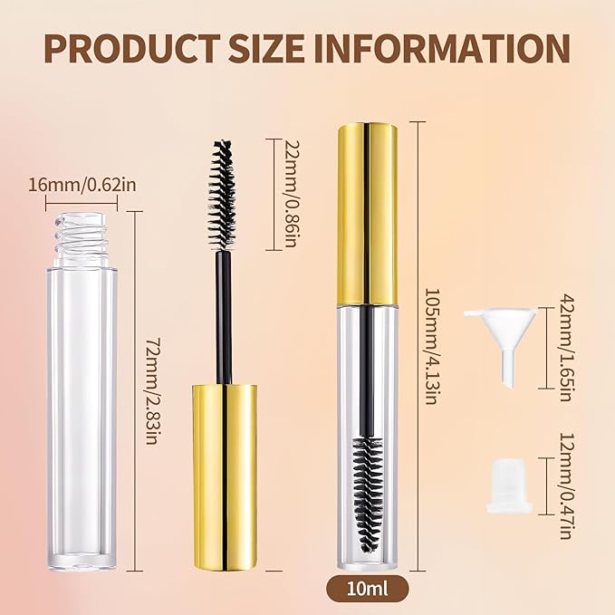 8 Pack Empty Mascara Tube 10ml Refillable Bottles with Brush Wand&Funnels,Leakproof Travel Containers for Lash & Brow Serum,Portable for Makeup Artists or Beginners(Gold)