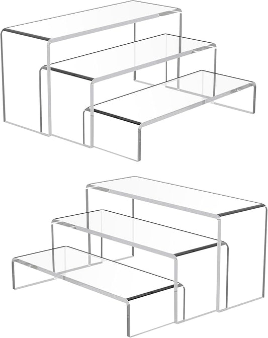 Goabroa 2 Sets 6 Pcs Clear Cupcake Display Risers 3 Tiers Rectangular Risers Display Stands 4mm Thick Collectibles Jewelry Display Shelf Lego Display Shelves Risers