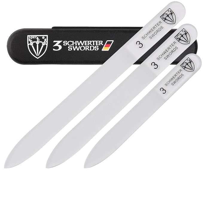 3 Swords Germany - Brand Quality Glass Nail File Set, 3 Pieces, Perfect for Natural Fake Gel Artificial Acrylic fingernail, incl. Black Plastic case