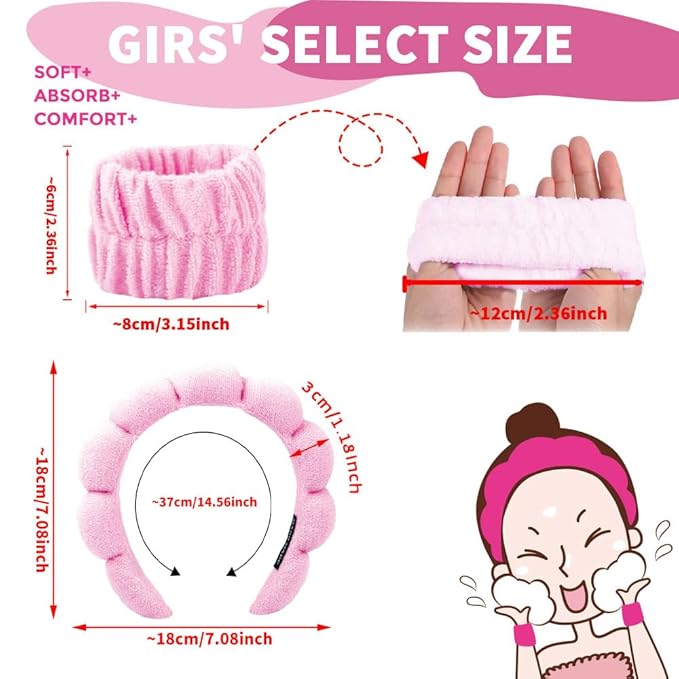 CHASESUN SPA Headband Skincare Hair Band Bubble headband Set for Washing Face Makeup Skincare SPA Bubble with Wristbands Set Pink