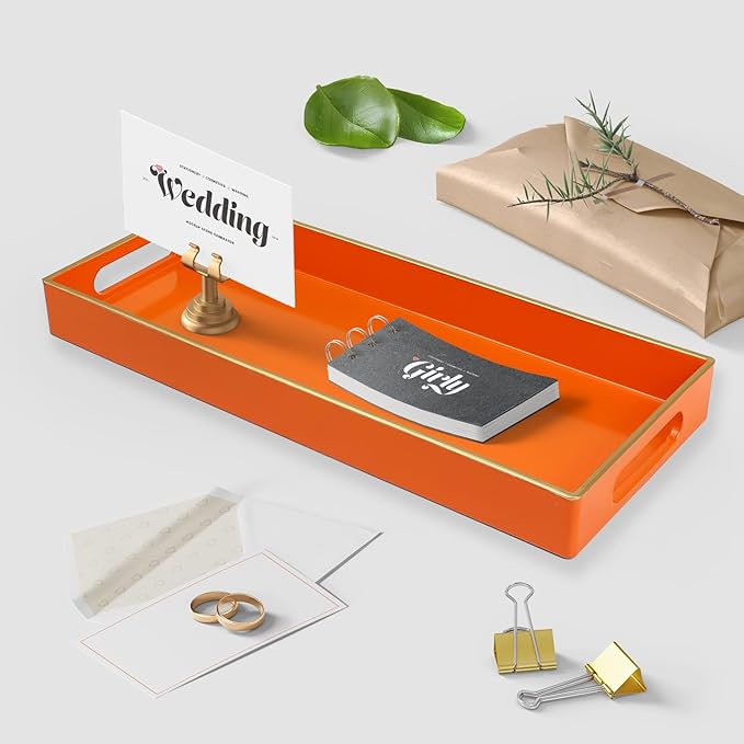 Leemxiiny Orange Bathroom Vanity Tray for Countertop, Small Plastic Toilet Tank Versatile Storage & Organization Tray for Makeup, Perfume, Desk, Kitchen, Candles, 13.7"x6"x1.4", 35O