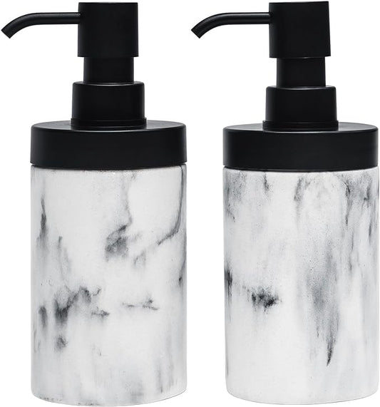 2 Pcs Bathroom Marble Soap Dispenser Set-Marble Wide Open, Refillable Liquid Circular Marble Decorative Soap Dispenser for Bathroom Countertop & Kitchen Home Decor, White