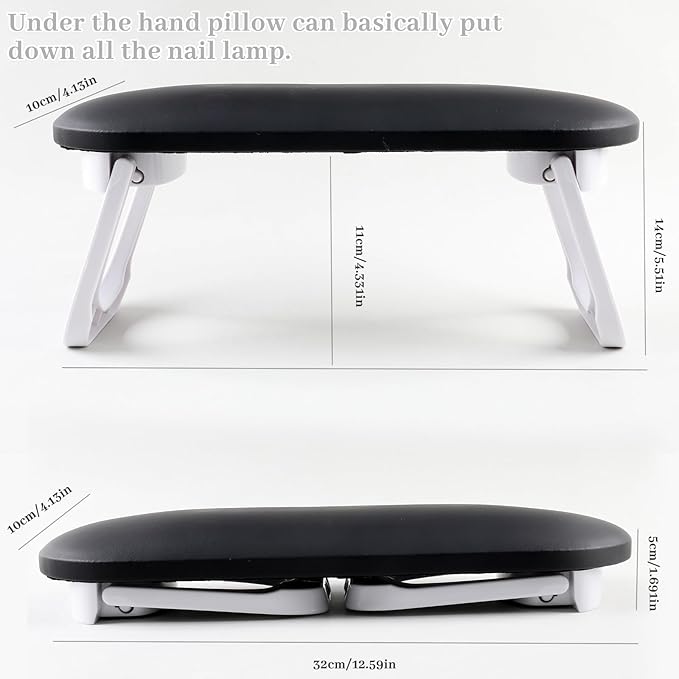 Nail Arm Rest, Professional Foldable PU Leather Nail Hand Rest with PVC Table Mat for Acrylic Nails, Soft Nail Hand Pillow Non-slip for Manicure Salon Use (higher-Black)