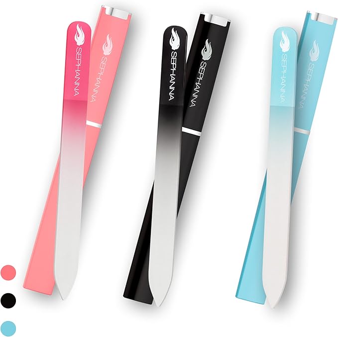 Premium Crystal Glass Nail File for Natural Nails, Professional Glass Nail Files with case for Unisex, Portable Glass Nail File Double Sided for Natural & Acrylic Nail Care (Black, Blue & Pink)