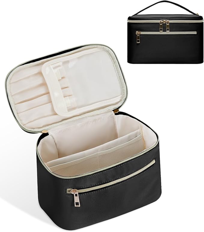 Wandering Nature Makeup Bag, Travel Make Up Bag with Divider, Makeup Case Organizer for Women in Fabric, Black