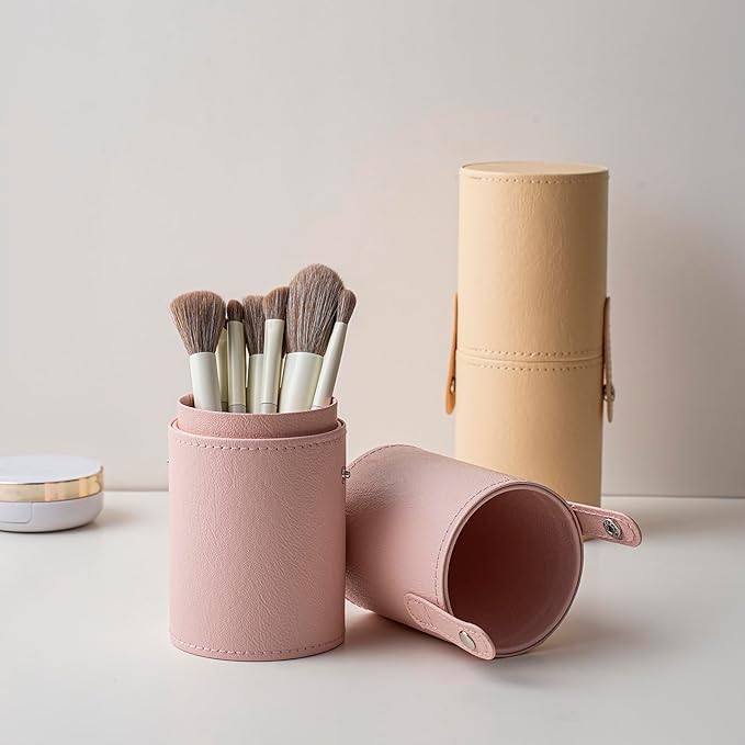 Portable Makeup Brush Holder, Waterproof PU Leather Travel Makeup Brush Case Bag Cup, Brush Storage Dustproof Bag (04Beige)