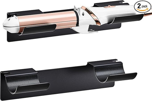2 PCS Wall Mount Curling Iron Holder and Hair Tool Organizer with Adhesive, Multifunctional Hot Flat Iron and Hair Straightener Holder Storage Stand for Vanity, Cabinet and Wall, Black