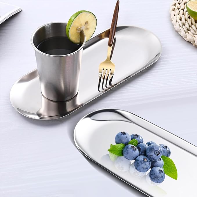 2 Pcs Modern Silver Stainless Steel Oval Decorative Trays, 8.7"L x 2.4"W x 0.4"H, Cosmetic & Jewelry Organizer, Mirror-Polished Finish, 2 Pack