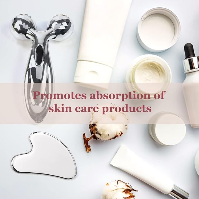 Stainless Steel Gua Sha and Face Roller Set, Facial Tool for Face Sculpting, Metal Skin Care, Massager for Women