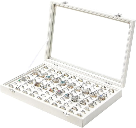 Ring Holder Organizer Box, Jewelry Display Case, Earring Necklace Storage Tray With Top Glass Lid (Beige, 100 Slots)