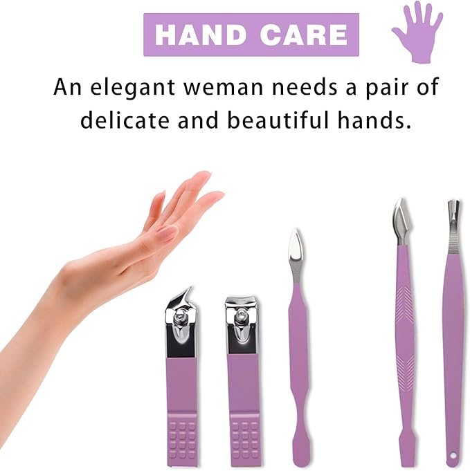 Manicure Pedicure Kit, Purple, Stainless Steel, 18-Piece Set with Portable Travel Case, Nail Clippers, Scissors, Cuticle Tools