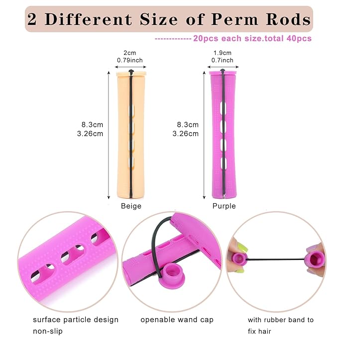 40PCS Hair Perm Rods Set For Short Hair,Beige Purple Perm Rods For Black Women Plastic Cold Wave Rods For Long Hair(40Pcs,Beige+Purple)