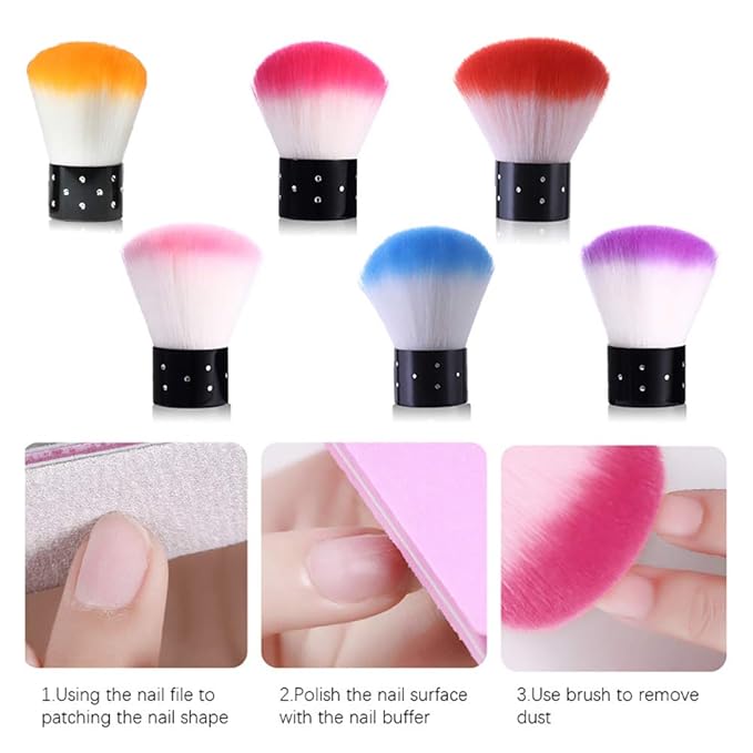 Kalolary 6Pcs Nail Art Dust Brush Remover - Powder Cleaner Kabuki Brushes for Makeup, Blush, and Nail Cleaning - Colorful Cosmetic Tools