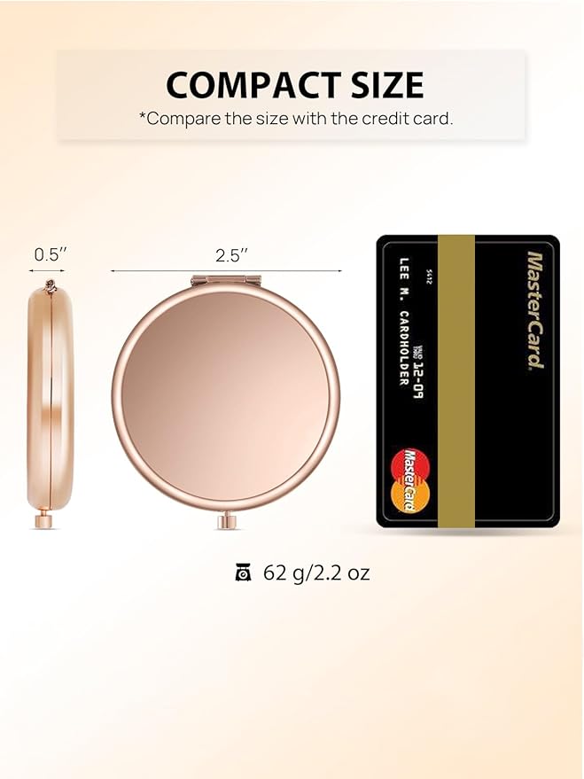 Compact Mirror for Purse, Double-Sided 1X/2X Magnifying Metal Pocket Makeup Mirrors(Round, Rose Gold)