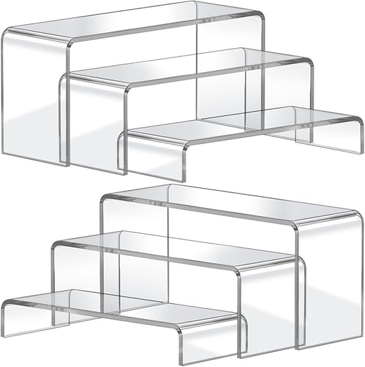 FUNFERY Acrylic Display Risers,2 Sets(7.8" L~8.2" L~8.6" L) Display Stand Shelf for Figure,Collectibles,Cupcake,Clear Acrylic Risers for Displays Case Cabinet,Dessert Table,Shelf Riser for Decor,Food