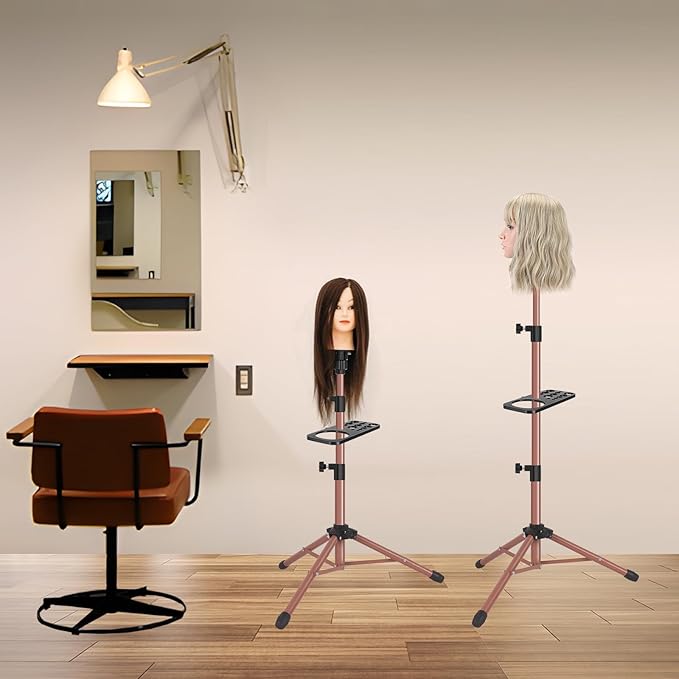 Wig Stand Tripod 50 Inch Metal Wig Mannequin Head Tripod Stand For Hairdressing Training Head Adjustable Wig Tripod Stand with Tool Tray (Latte, Mannequin Head Not Included)