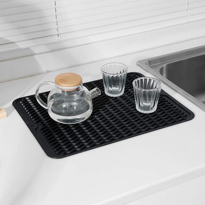 Silicone Dish Drying Mat for Multiple Usage,Easy clean,Eco-friendly,Heat-resistant Silicone Mat for Kitchen Counter or Sink,Refrigerator or drawer liner Black L 16 inches x 12 inches