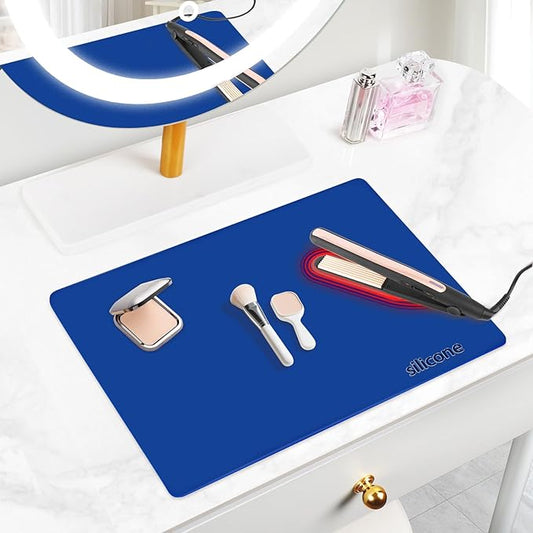 Silicone Makeup Mat for Vanity, 15.7" x 11.8" Heat Resistant Vanity Mat, Easy to Clean & Waterproof, Portable Makeup Accessories for Use While Traveling (Klein Blue)