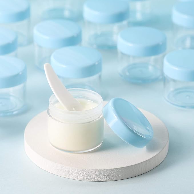 Refillable Cosmetic Sample Jars - 100 Pack 20g (0.7oz) Blue Small Travel Containers with Lids + 10 Mini Makeup Spatulas - BPA Free