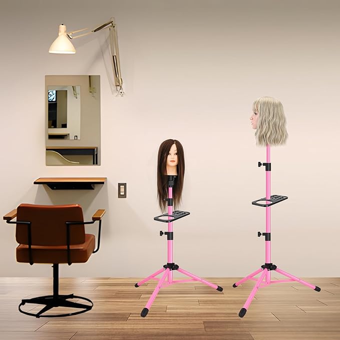 Wig Stand Tripod 50 Inch Metal Wig Mannequin Head Tripod Stand For Hairdressing Training Head Adjustable Wig Tripod Stand with Tool Tray (Pink, Mannequin Head Not Included)