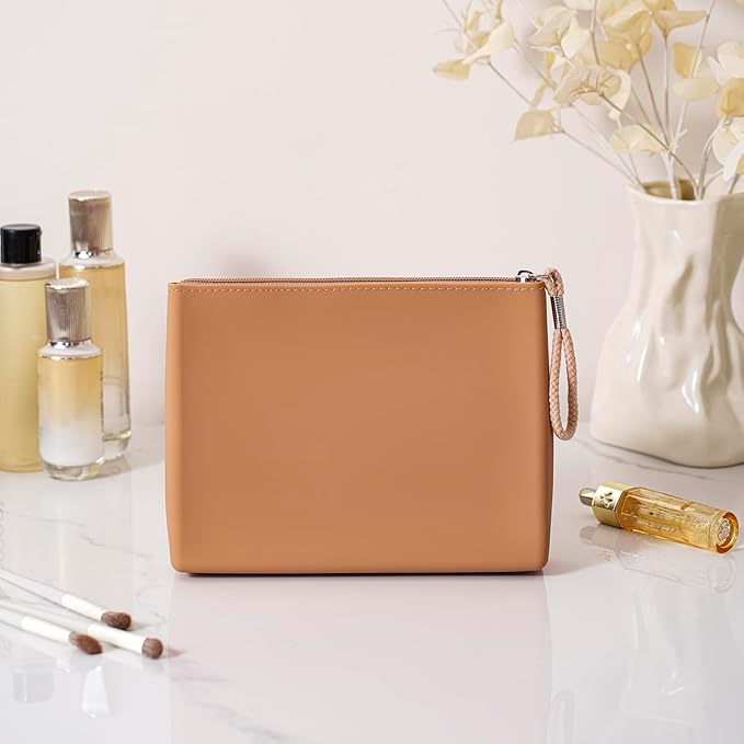 Silicone Makeup Bag for Purse Zipper Cosmetic Pouch Makeup Brush Holder Large Makeup Organizer Silicone Travel Pouch for Women (Light Brown)