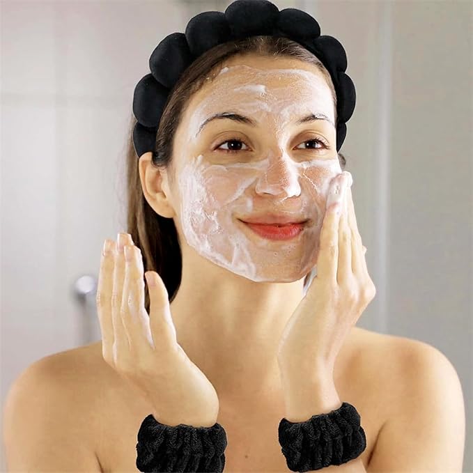 Spa Headband and Wristband Set for Women,Terry Cloth Sponge Headband for Washing Face,Makeup,Facial Mask and Skincare (Black,Pink, One Size)