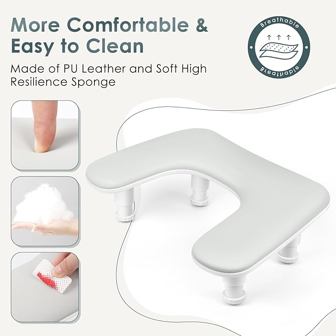 Manicure Arm Rest for Nails Tech: U-shaped Adjustable Nail Armrest - Gray PU Leather Hand Stand Rest for Manicurists