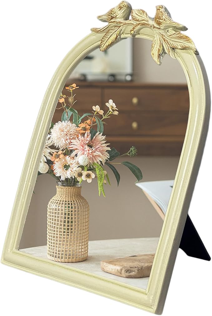 Cream Bird Bow Mirror - 13x10 Inch Perfect Elegant Decorative Accent, Wall-Mounted Tabletop Makeup Mirror for Nursery Baby Room Bedroom Decor