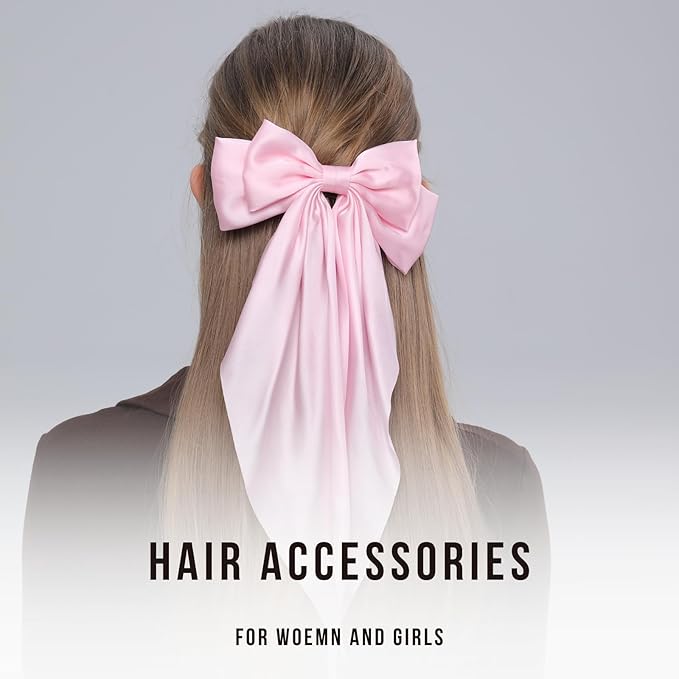 2PCS Big Hair Bow Clips for Women Girls – Pink Satin Ribbon Bow Barrettes with Long Tails, Large Cute Hair Accessories for Ponytail, Photoshoot & Everyday Styling