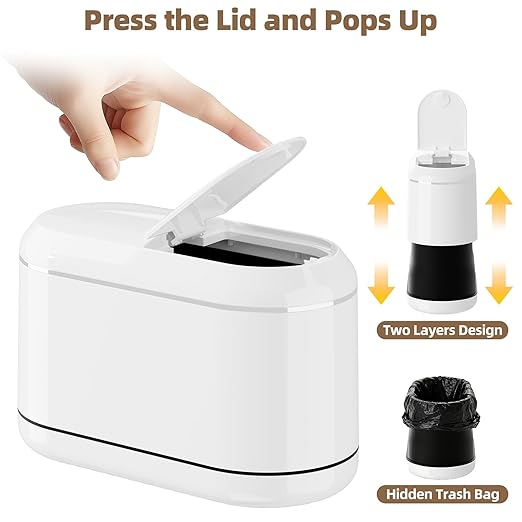 Mini Trash Can for Desk with 5 Rolls of Trash Bags, Small Press-Top Countertop Garbage Bin, Removable Waste Basket for Bedroom, Vanity, Coffee Table, Kitchen (White Half-Lid)