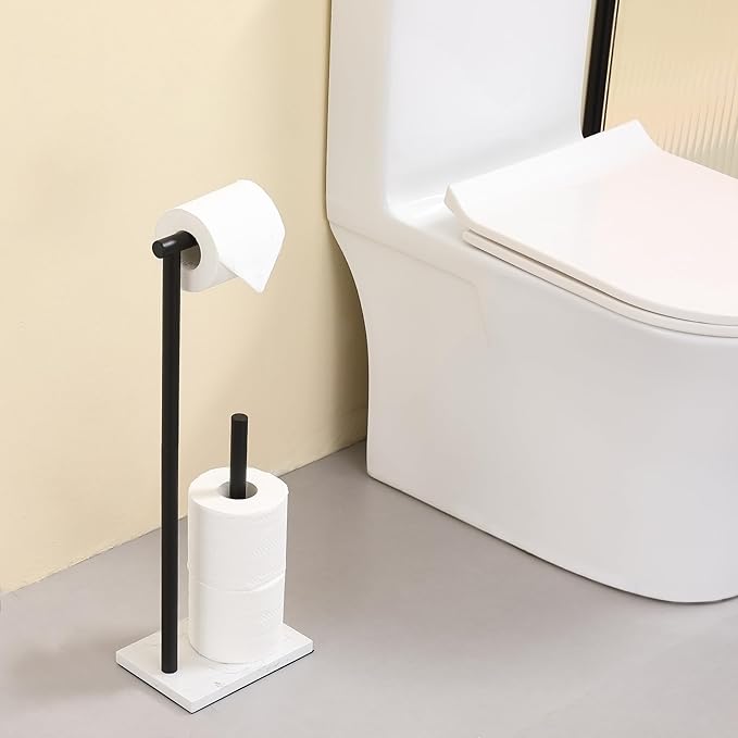 Hoooh Free Standing Toilet Paper Holder Stand with Reserve - Heavyweight Marble Base & Matte Black Stainless Steel Bathroom Tissue Roll Holder