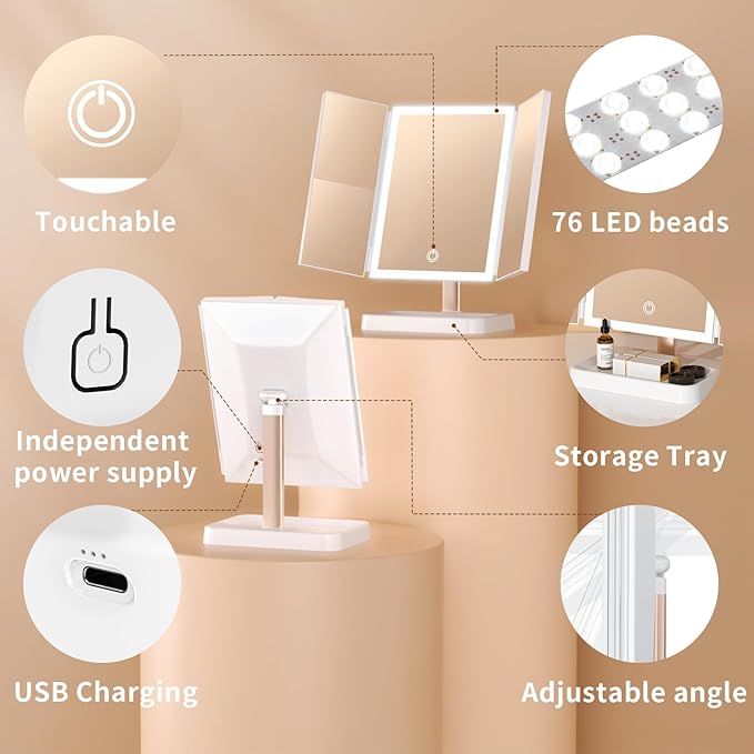Rechargeable Large Makeup Device with Lights, 1x/2x/3x Magnification & Dimming, 3 LED Color Modes, 4H Cordless Portable Tool for Women - Perfect Valentines Gift