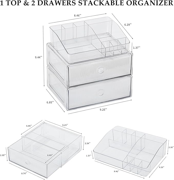 3-Tiers Makeup Organizer with Drawer, Stackable Skincare Storage Box for Vanity and Bathroom, Beauty Essentials, Cosmetic Brushes, Perfume Stand, Large Lipsticks Holder