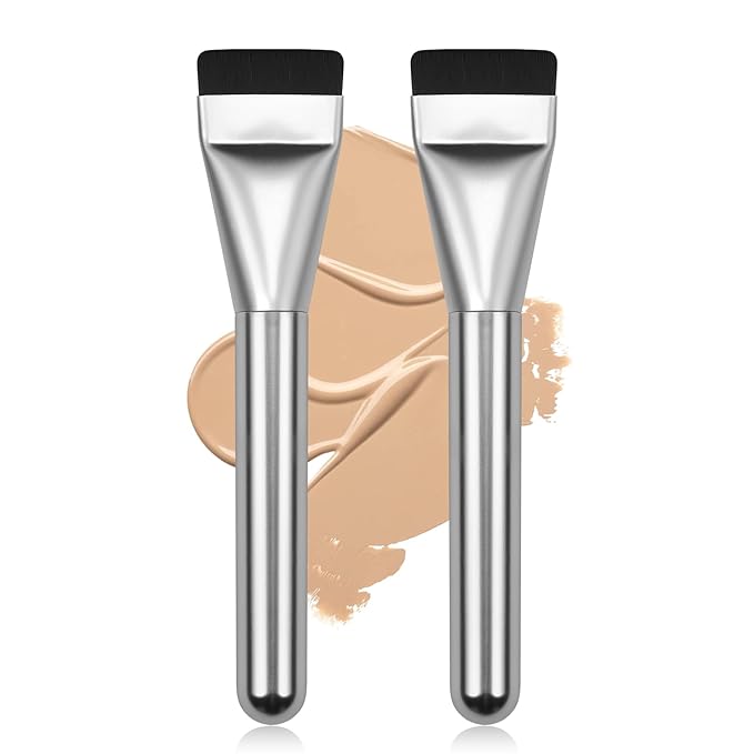 2Pcs Flat Foundation Brush,Face Mask Brush Makeup Spatula Facial Brush for Liquid Foundation Mask,Premium Face Korean Makeup Brush for Blending Cream (Silver&Silver)