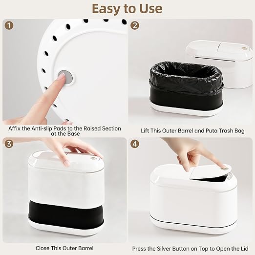 Mini Trash Can for Desk with 5 Rolls of Trash Bags, Small Press-Top Countertop Garbage Bin, Removable Waste Basket for Bedroom, Vanity, Coffee Table, Kitchen (White Half-Lid)