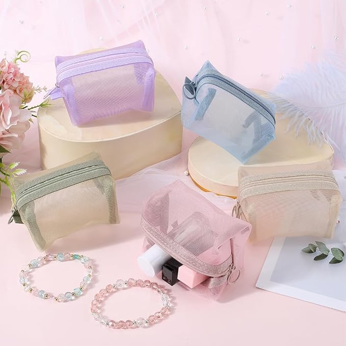 GORGECRAFT 5Pcs 5 Colors Portable Square Mesh Storage Bag Small Zippered Mesh Makeup Bag Cosmetic Coin Purse Travel Storage Organizer for Toiletry Blue Green Pink Purple Khaki 4.1 x 2.2 inch