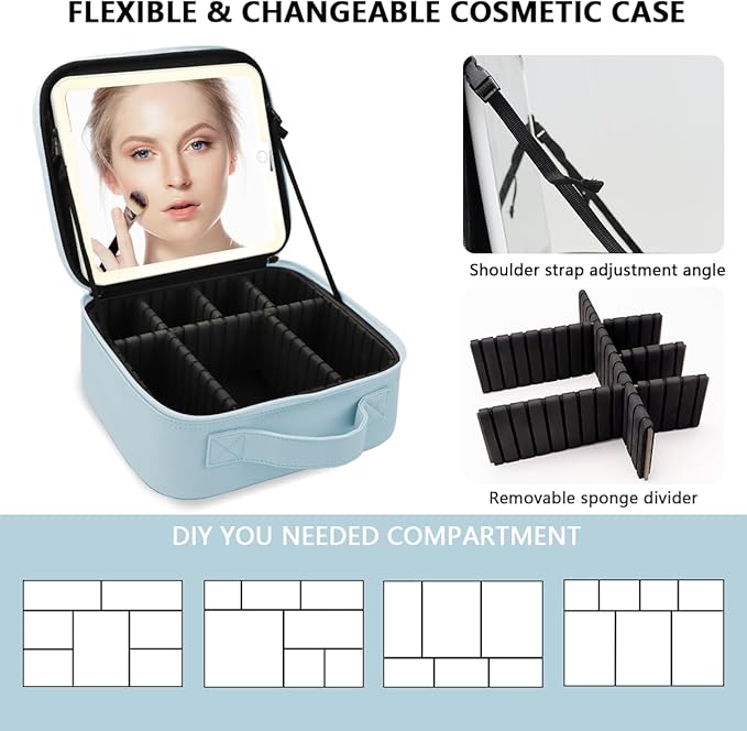 Travel Makeup Bag for Women and Makeup Artists Cosmetic Organizer Large Makeup Case,Travel Makeup Bag with Mirror 3 Color Setting,Portable Storage and Adjustable Dividers(baby blue)
