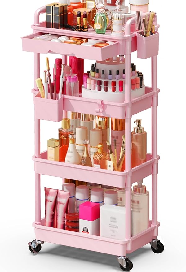Makeup Cart Organizer with Drawers, 4 Tier Floor Skincare Organizers for Vanity, Rolling Makeup Bathroom Storage Cart Cosmetics Display Cases for Skin Care Perfume Nail Polish, Pink