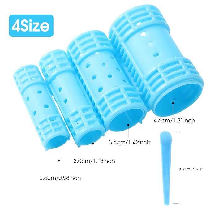WILLBOND 65 Pieces Magnetic Hair Rollers Set Plastic Rollers Curlers with Clips 4 Sizes for Long Medium Short Hair, Duck Clips Hairnet Hairdressing Styling Tool(Blue)