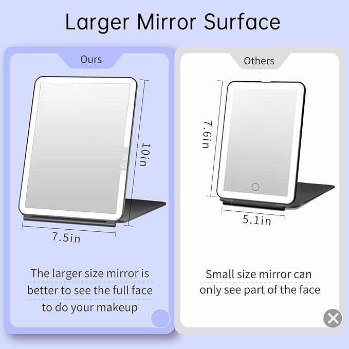 FUNTOUCH 10x7.5 Portable Large Travel Makeup Mirror with Light, 1800mAh Rechargeable Lighted Travel Makeup Mirrors with 3 Color Lights, Dimmable Folding Light Up Make up Mirror with Small 10x Mirror