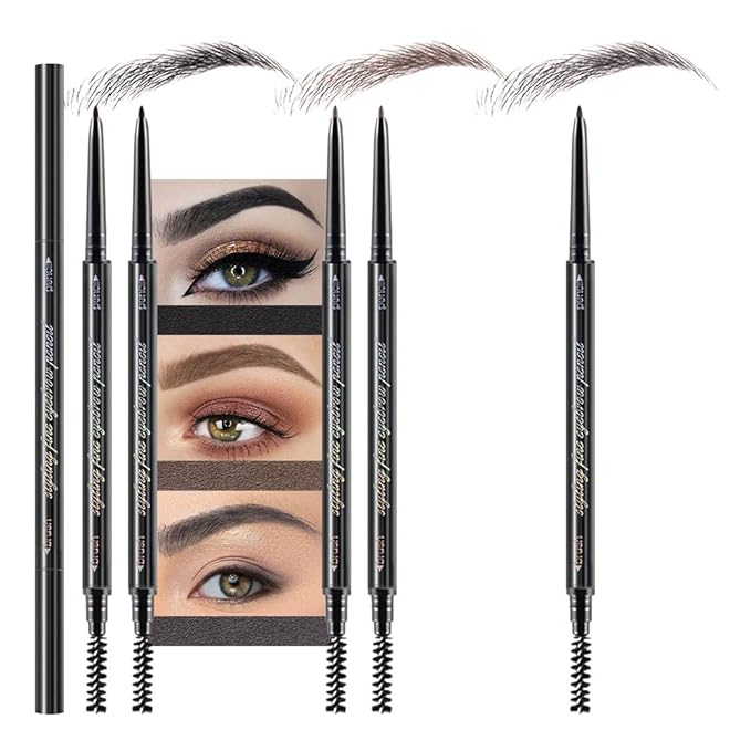 5 Pcs Dual-Sided Auto-rotate Ultra-Fine Tip Eye Brow Pencils Pack,Draws Tiny Precise Brow Makeup, Defines, Fills Brows, Shapes, Contours, Combs, ‌1mm Pen Point (2*Black+2*Tea+Gray)