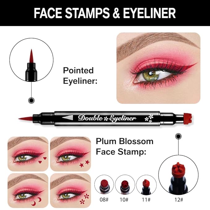 evpct Red Winged Eyeliners Stamp, 4 in 1 Stars Flowers Hearts Moon Face Makeup Stamp Set Eye Liners for Women, Red Liquid Eyeliner Long Lasting Waterproof Colorful Set, Colorful Eye Wingliner Shapes